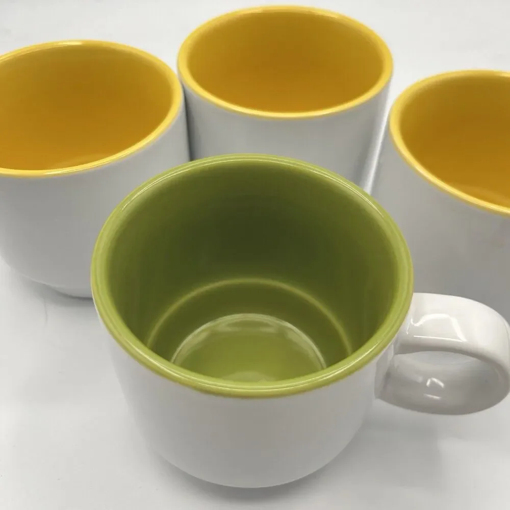 Crate and Barrel Stackable Cups Mugs White with 1 Green and 3 Yellow inside